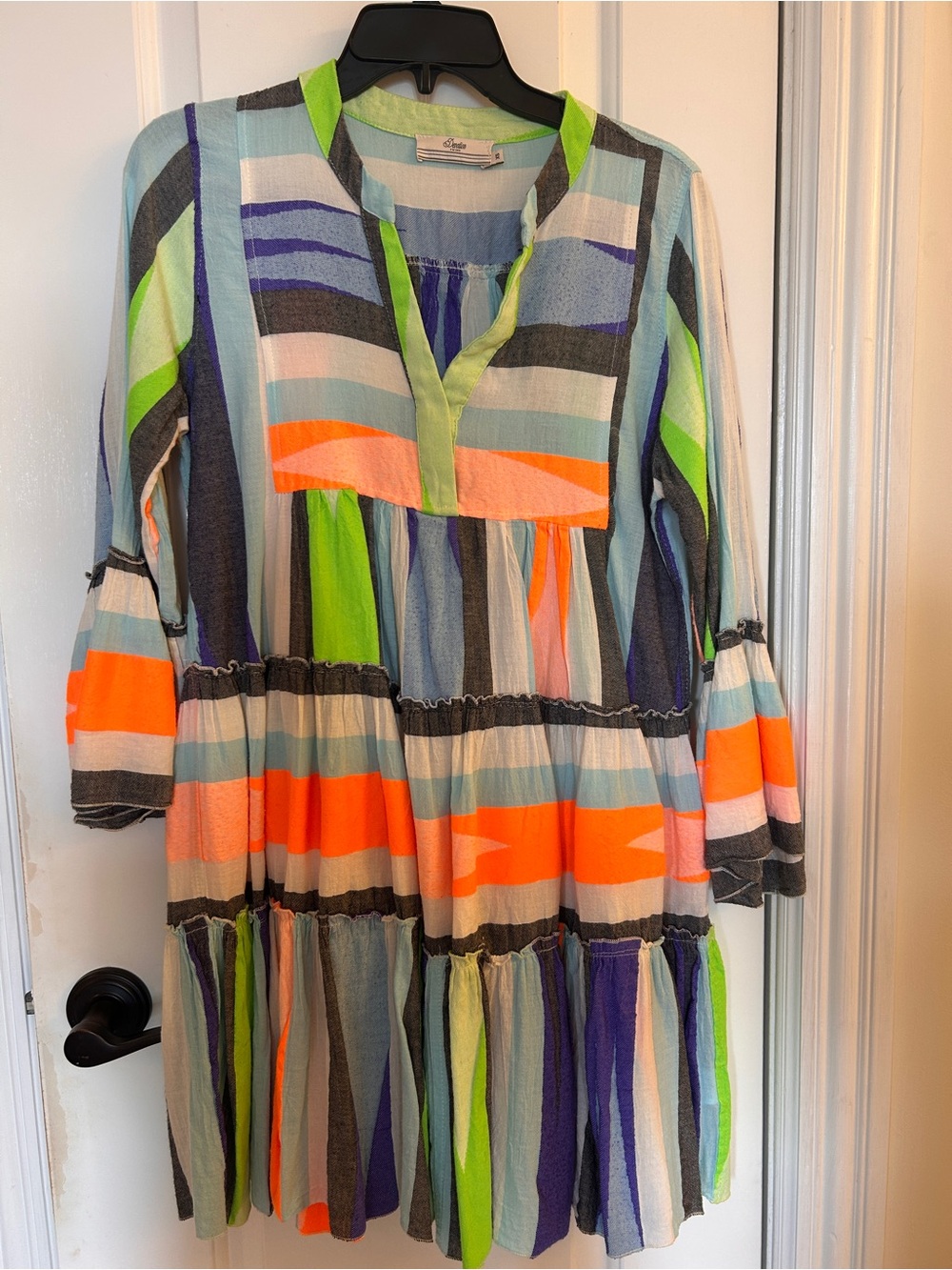 Devotion TWINS Neon Orange, Lime & Aqua Striped Tiered Long-Sleeve Dress